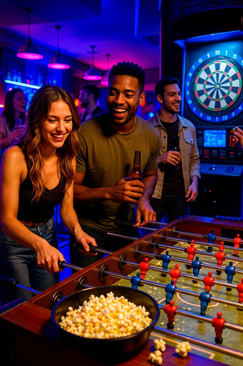 Buen ambiente y juegos, diana, futbolín. Pub Jomer Badalona